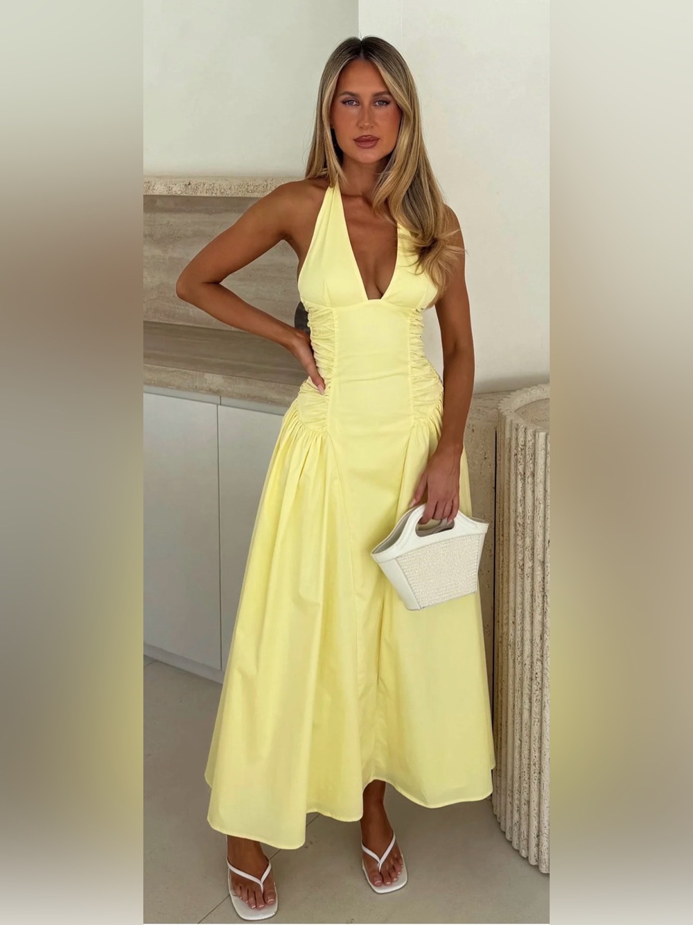 NWT Butter Yellow Halter Corset Midi Dress XS | Open Back |